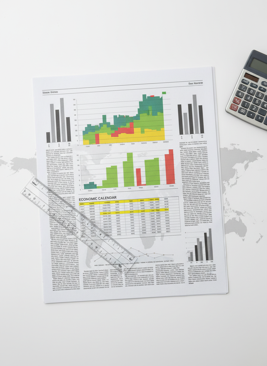 An overhead shot of a clean white desk where a crisp printed financial news page is spread flat, its columns of tiny, unreadable text flanked by bold, gray bar charts and a large, abstract market heatmap made of colored rectangles. A slim graphite-gray calculator rests on the corner of the page, and a pair of clear acrylic rulers intersect over a highlighted economic calendar. A muted world map, printed in light gray tones, peeks out from underneath, hinting at global markets. Soft overcast light from above creates minimal shadows and a neutral, analytical atmosphere. The composition uses rule-of-thirds placement, with sharp focus across the entire frame, conveying calm, professional attention to daily financial news and macroeconomic events in a modern, photographic style.