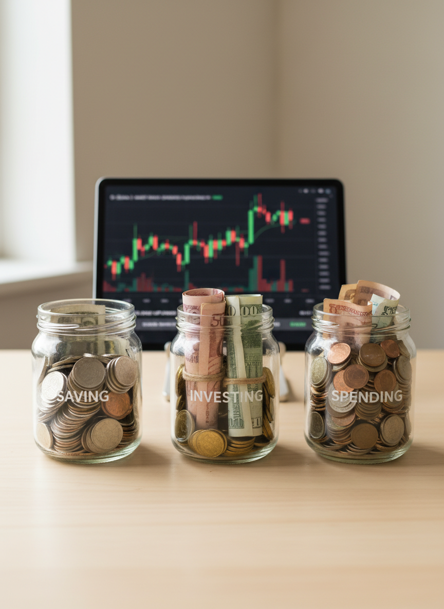 A close-up of a minimalist wooden desk featuring three transparent glass jars labeled only by different levels of neatly stacked coins and folded bills, clearly separated into saving, investing, and spending categories through their distinct contents. Behind them sits a slim, dark tablet propped upright, displaying a softly blurred candlestick chart and news ticker about market headlines. Diffused daylight from the side casts soft, even illumination, creating faint reflections in the glass and emphasizing the metallic texture of the coins. The background fades into a smooth, neutral wall, keeping the focus on the jars. Captured at eye level with a balanced, centered composition, the mood is orderly, educational, and reassuring, visually representing financial discipline and intentional money management with photographic realism.