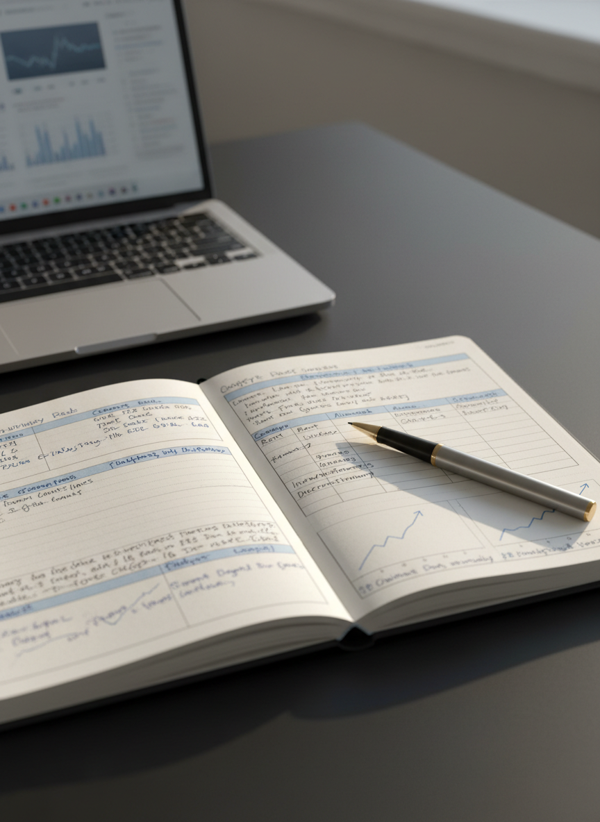 A sleek, dark charcoal notebook lying open on a matte black desk, its pages filled with neatly organized handwritten financial charts and tidy margin notes. A brushed metal pen rests across a page showing a carefully drawn budget table and a small sketched line graph trending upward. Nearby, a slim silver laptop is slightly out of focus, its screen displaying a muted dashboard of market indices. Soft morning light from an unseen window grazes the surface, creating gentle reflections on the pen and subtle shadows along the notebook’s spine. Shot from a slightly elevated angle with a shallow depth of field, the composition feels calm, professional, and analytical, evoking the mindset of methodical personal finance planning in clean, photographic realism.