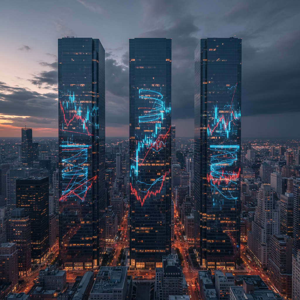 A dramatic, wide photographic scene of a city financial district at dusk, captured from above, with towering glass office buildings reflecting muted sunset colors. Several skyscraper facades display large, abstract LED-style graphs and fluctuating index lines in cool blues and reds, suggesting a turbulent market session. Streetlights and building windows begin to glow, forming a grid of warm lights below, while a dark storm cloud bank looms on the horizon, hinting at a looming financial crisis. The lighting contrasts cool ambient twilight with the bright, digital glow of the data visuals on the buildings. Shot with a deep depth of field and slightly elevated perspective, the mood is tense yet controlled, illustrating systemic financial stress and newsworthy market volatility without depicting any people or text.